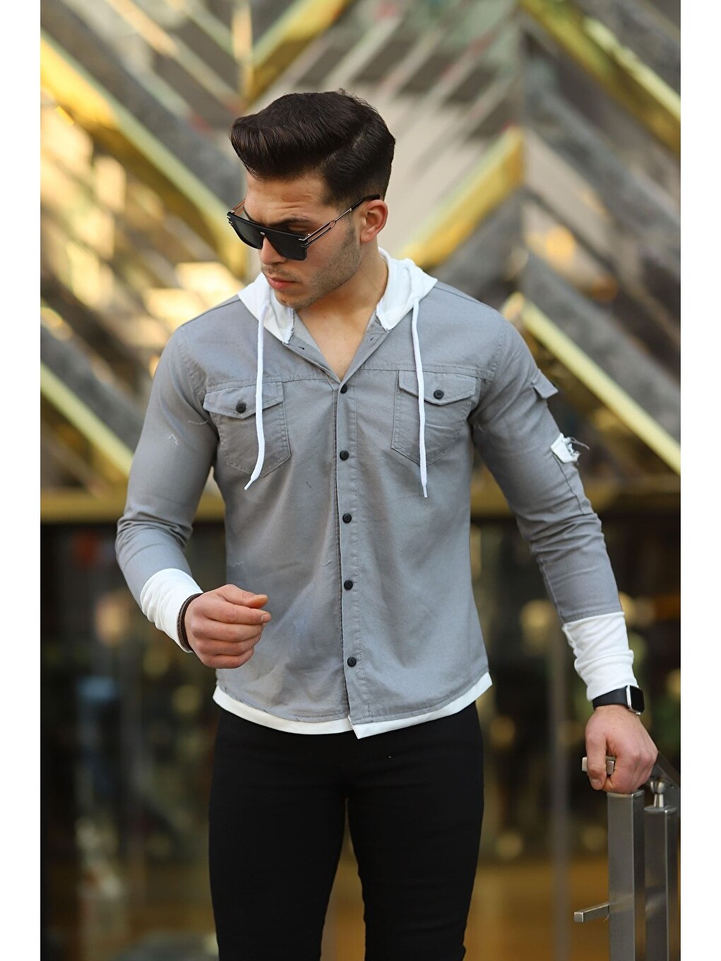 Gri Erkek Slim Fit Penye Kapüşonlu Düğmeli Jean Gömlek