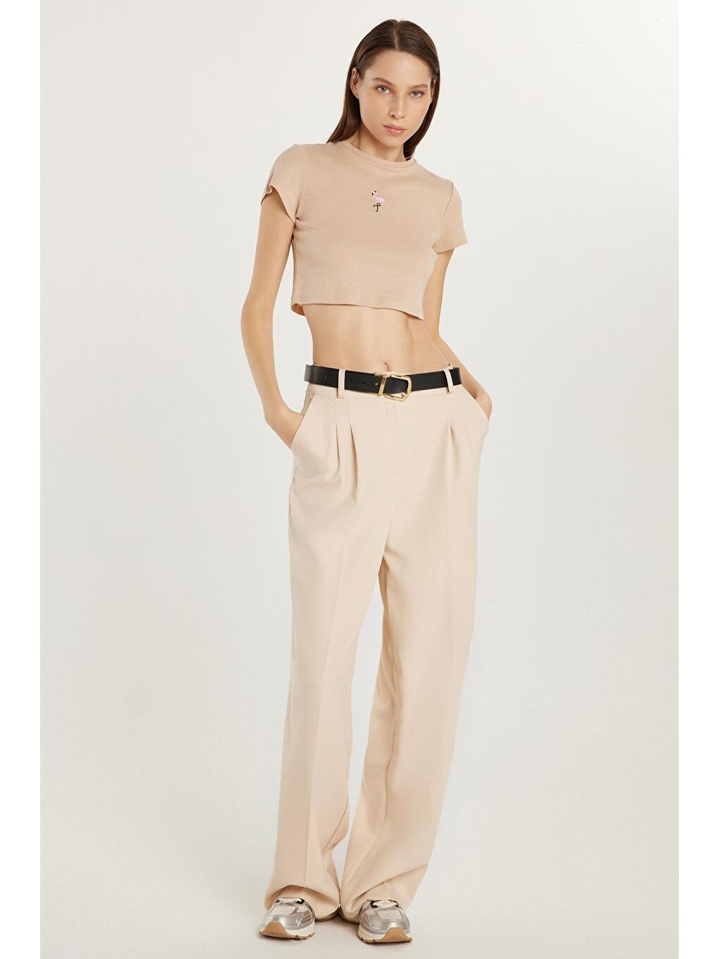 Kadın Regular Fit Pileli İspanyol Paça Bej Pantolon-2