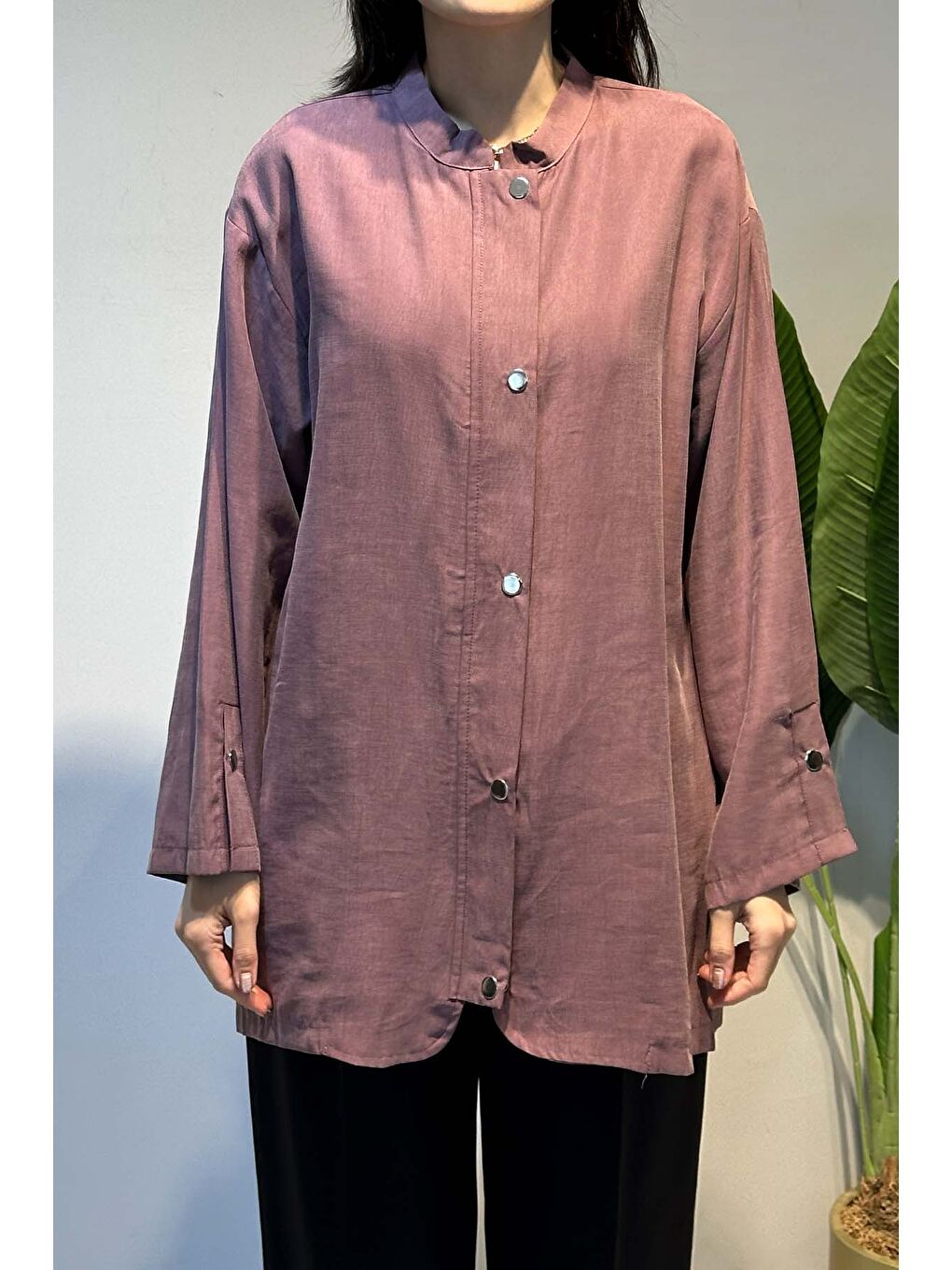 Önü Fermuar ve Çıtçıt Detay Kap Ceket 4445 Mürdüm-1