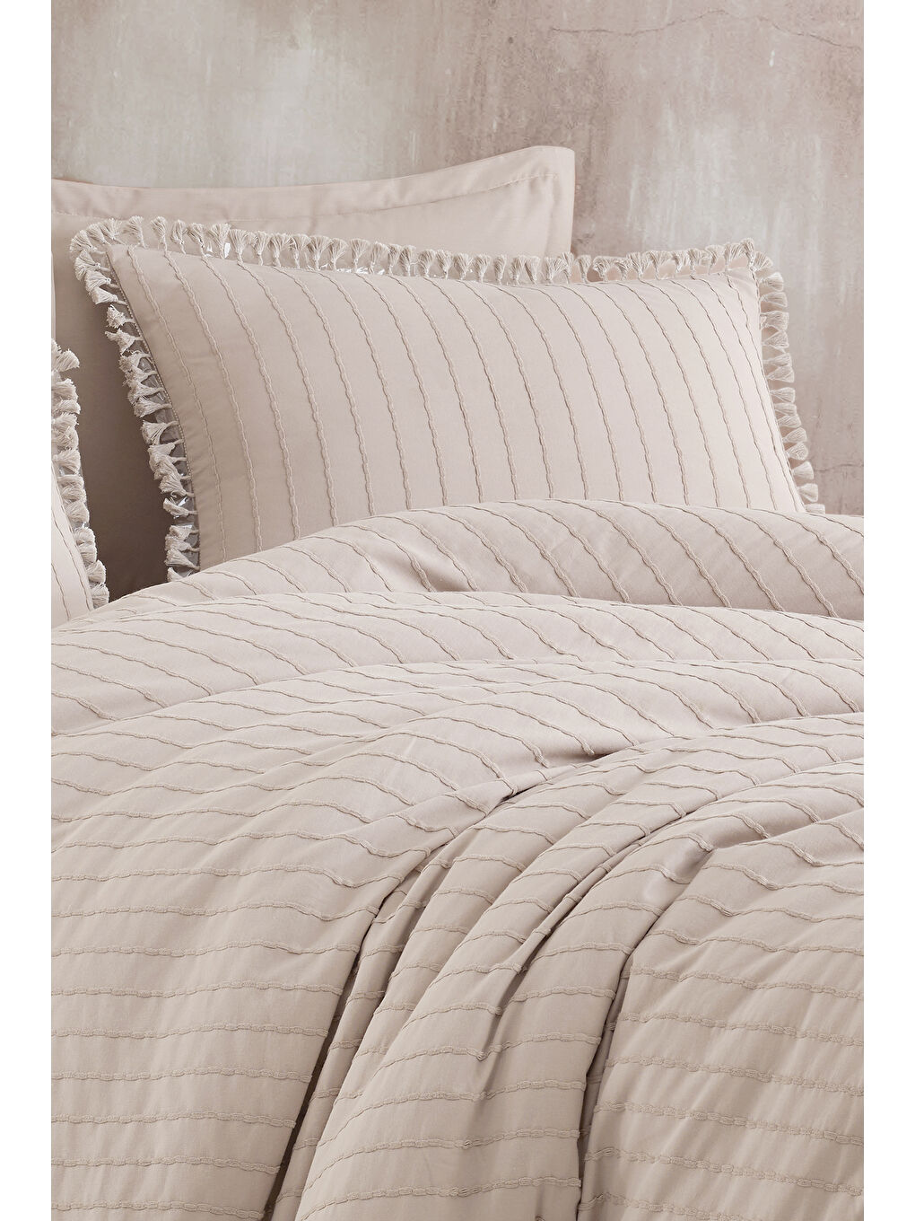 Bej %100 Pamuk Çift Kişilik Püsküllü Nevresim Seti Estina Taş Rengi-2