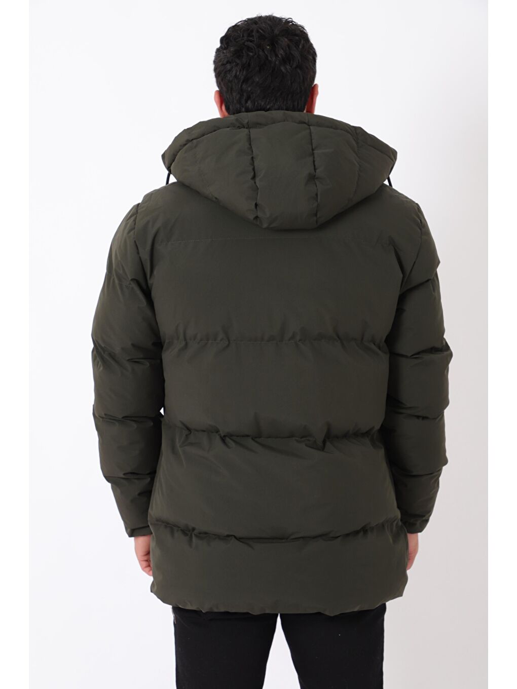 Haki Göğüs Cepli İçi Kürklü Uzun Şişme Mont PLDP 2957_50456-4