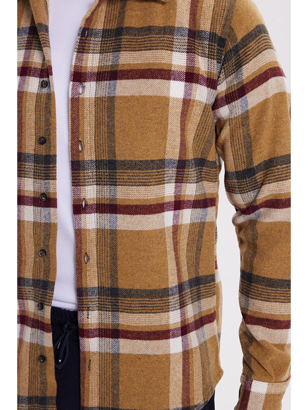 Bej Erkek Slim Fit Dar Kesim Kareli Kışlık Oduncu Gömlek-2