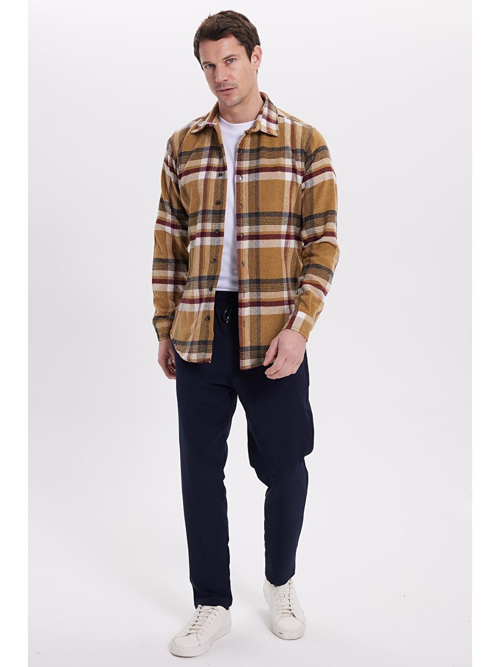 Bej Erkek Slim Fit Dar Kesim Kareli Kışlık Oduncu Gömlek-3