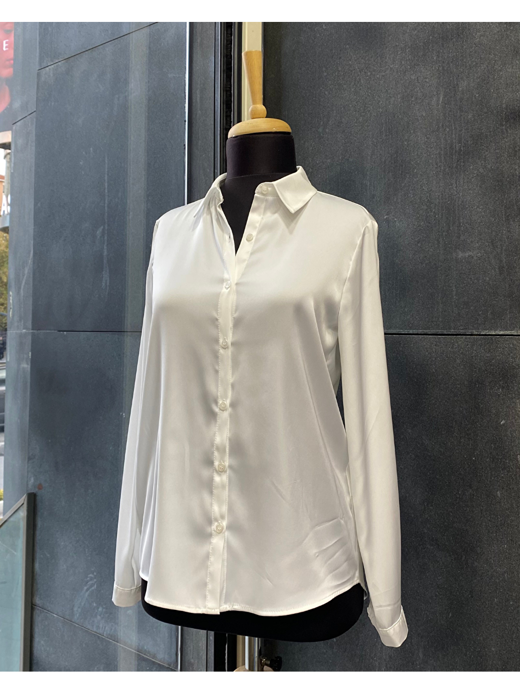 Beyaz Büyük Beden İpek Saten Klasik Gömlek-5