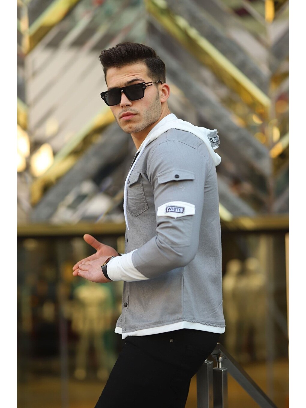 Gri Erkek Slim Fit Penye Kapüşonlu Düğmeli Jean Gömlek-1