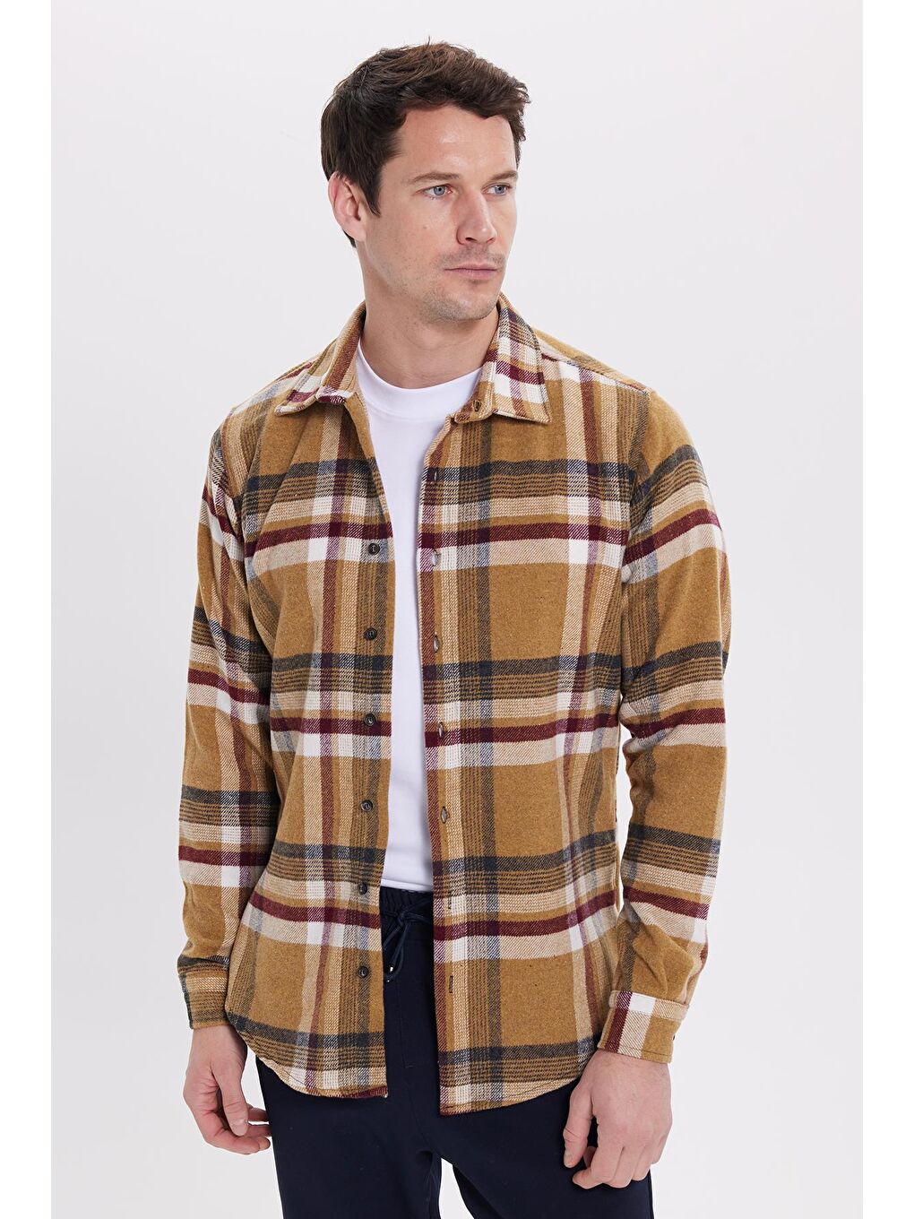 Bej Erkek Slim Fit Dar Kesim Kareli Kışlık Oduncu Gömlek-4