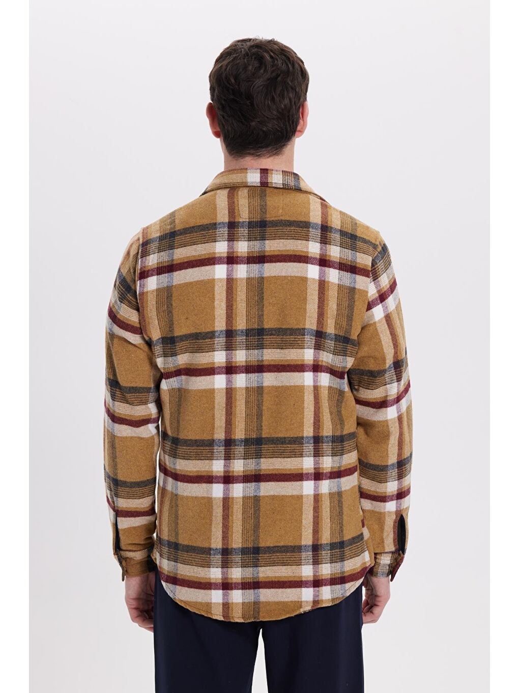 Bej Erkek Slim Fit Dar Kesim Kareli Kışlık Oduncu Gömlek-6