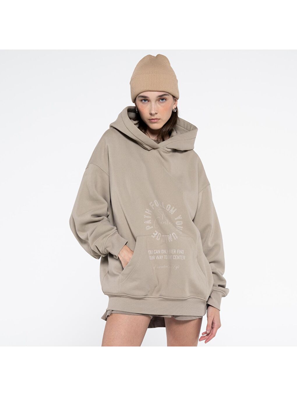 Disu Kadın Açık Bej Kanguru Cepli Kapüşonlu Ekstra Oversize Sweatshirt Hoodie