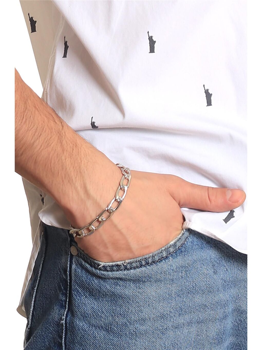 Gri Erkek Lak Gümüş Renk Kaplama Kalın Zincir Formlu Bileklik-2