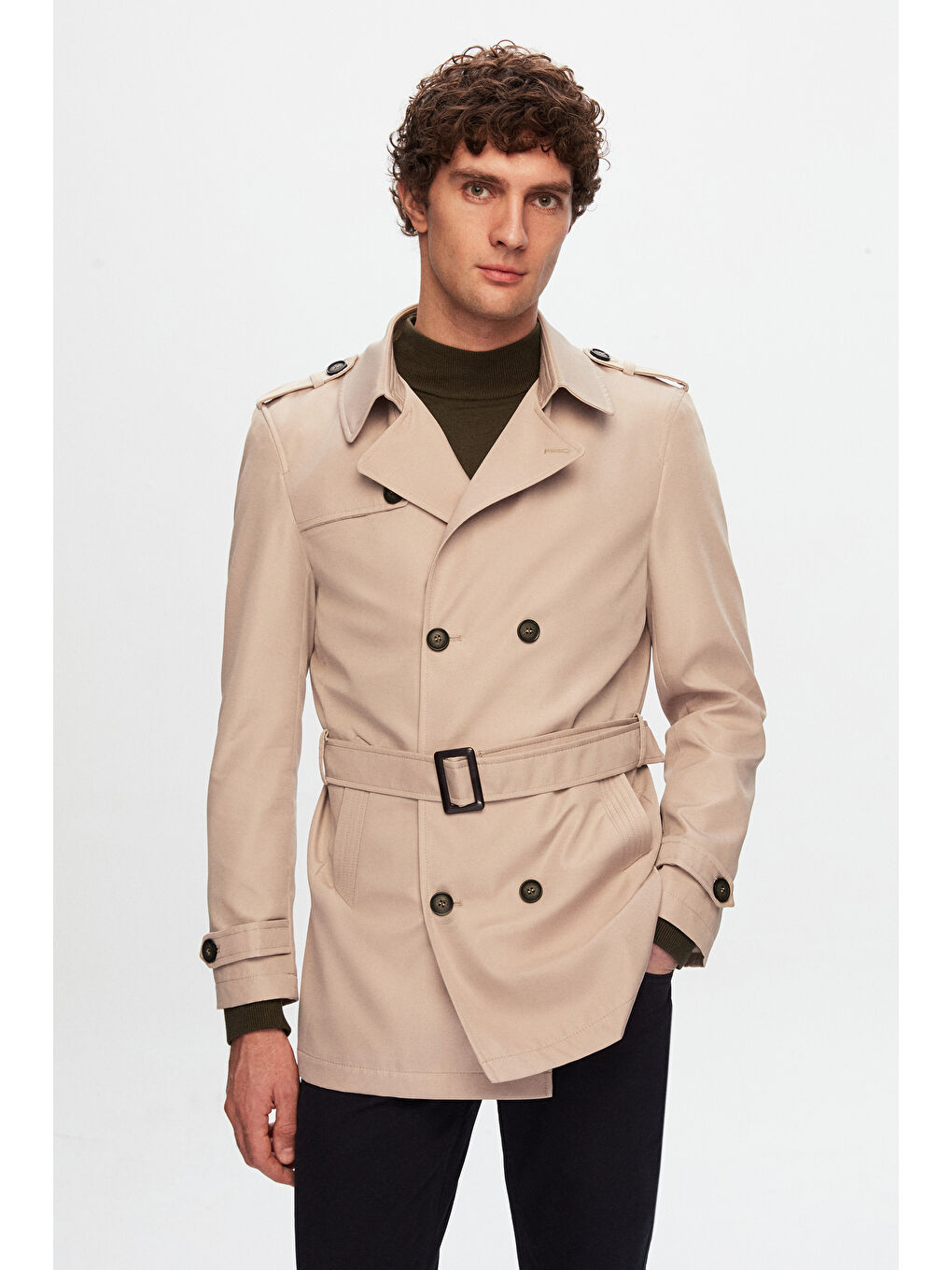 Regular Fit Bej Apoletli Beli Kemerli Pardösü/Trenckot