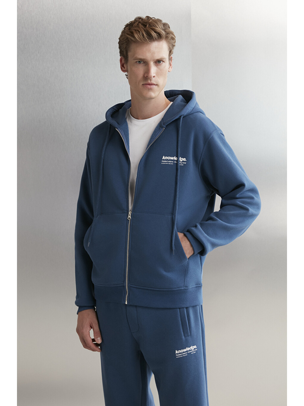 Aksel Erkek Yumuşacık Organik Pamuk Oversize Fermuarlı Baskılı Kapüşonlu Mavi Sweatshirt-1