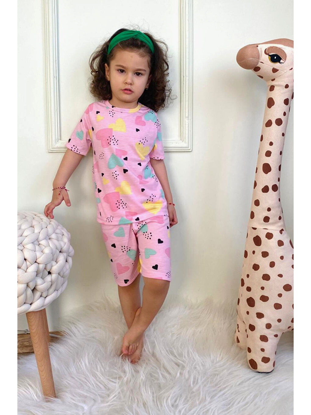 Pembe Kız Çocuk Pamuklu Penye Kumaş Şortlu Pijama Takımı