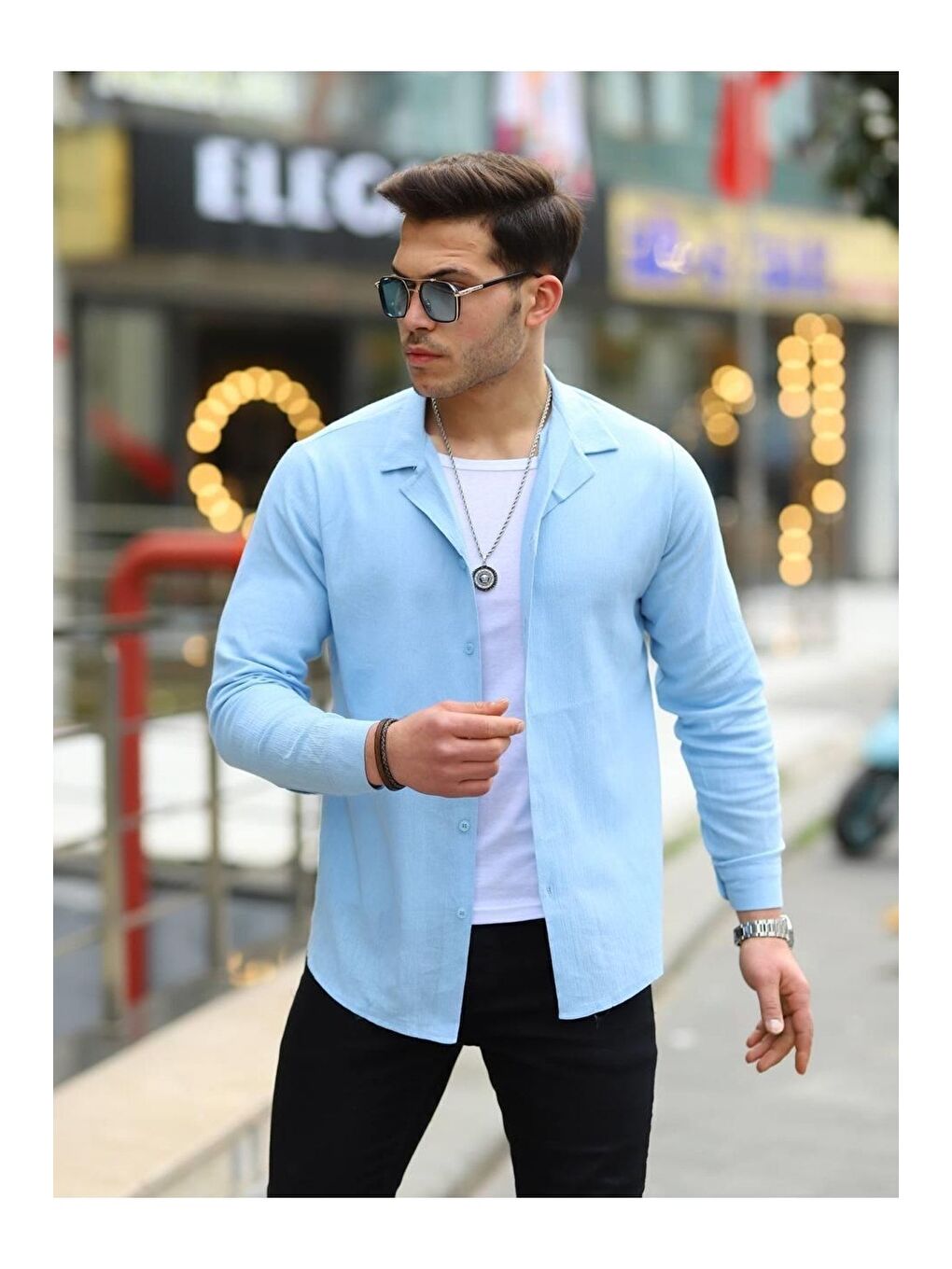 Erkek Trend Kruvaze Yaka Mavi Keten Gömlek