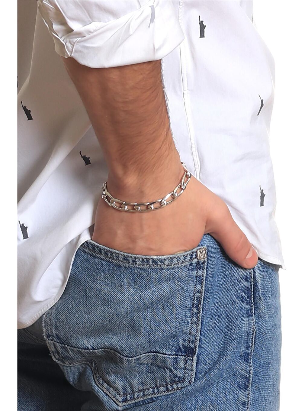 Gri Erkek Lak Gümüş Renk Kaplama Kalın Zincir Formlu Bileklik-1