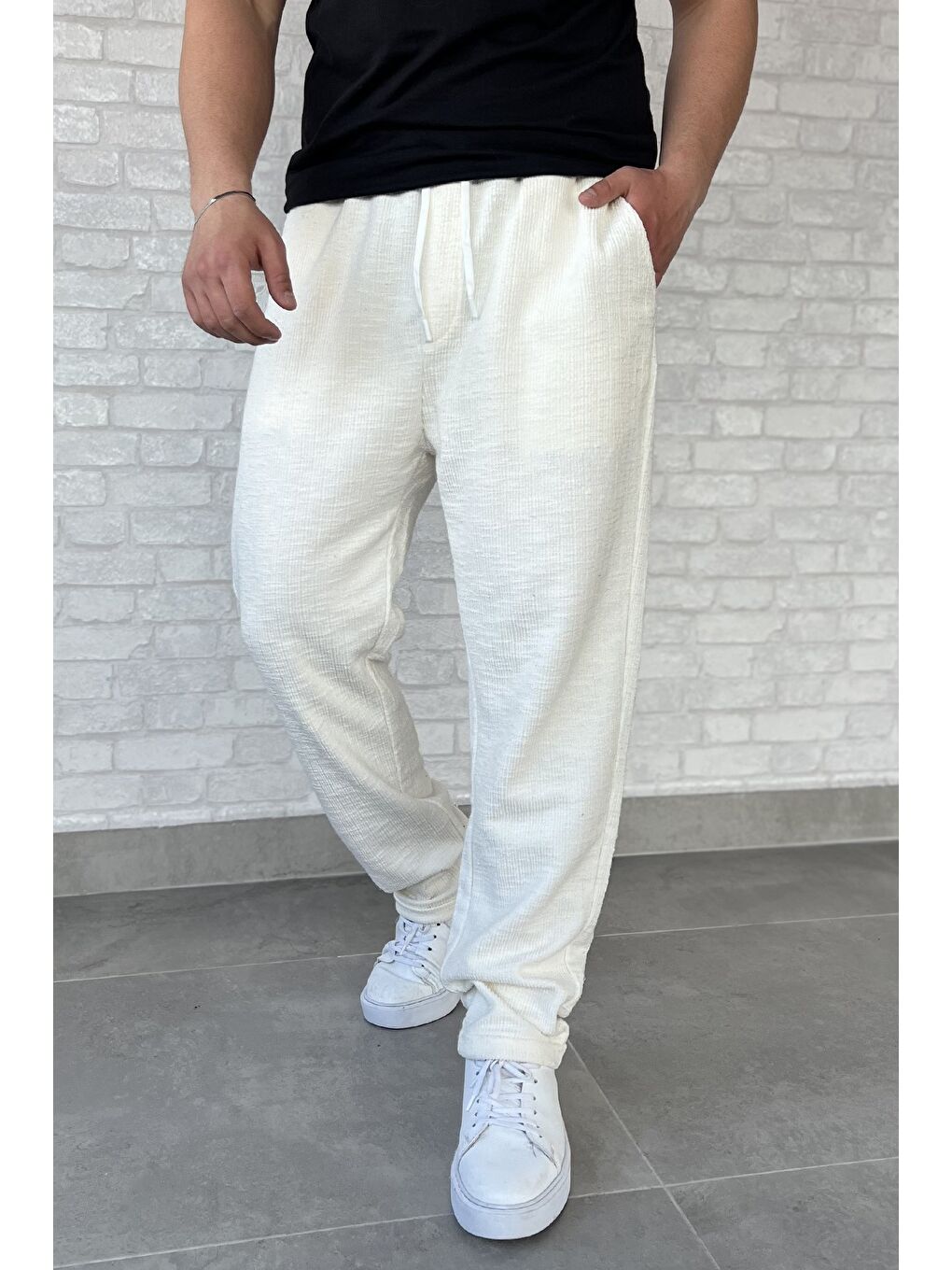 Ekru Bel Bağcıklı Duble Paça Erkek Jogger Pantolon