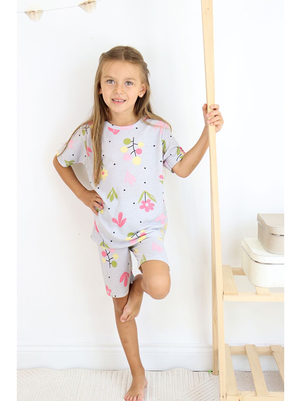 Yeşil Kız Çocuk Pamuklu Penye Kumaş Şortlu Pijama Takımı-1