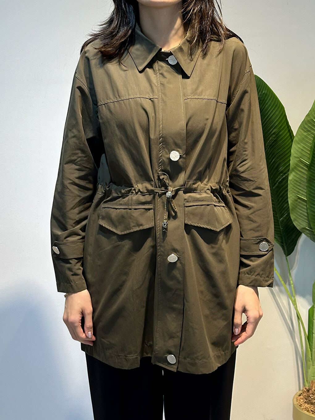 Düğme Detaylı Beli Bağcıklı Kap Ceket 2862 Haki-1