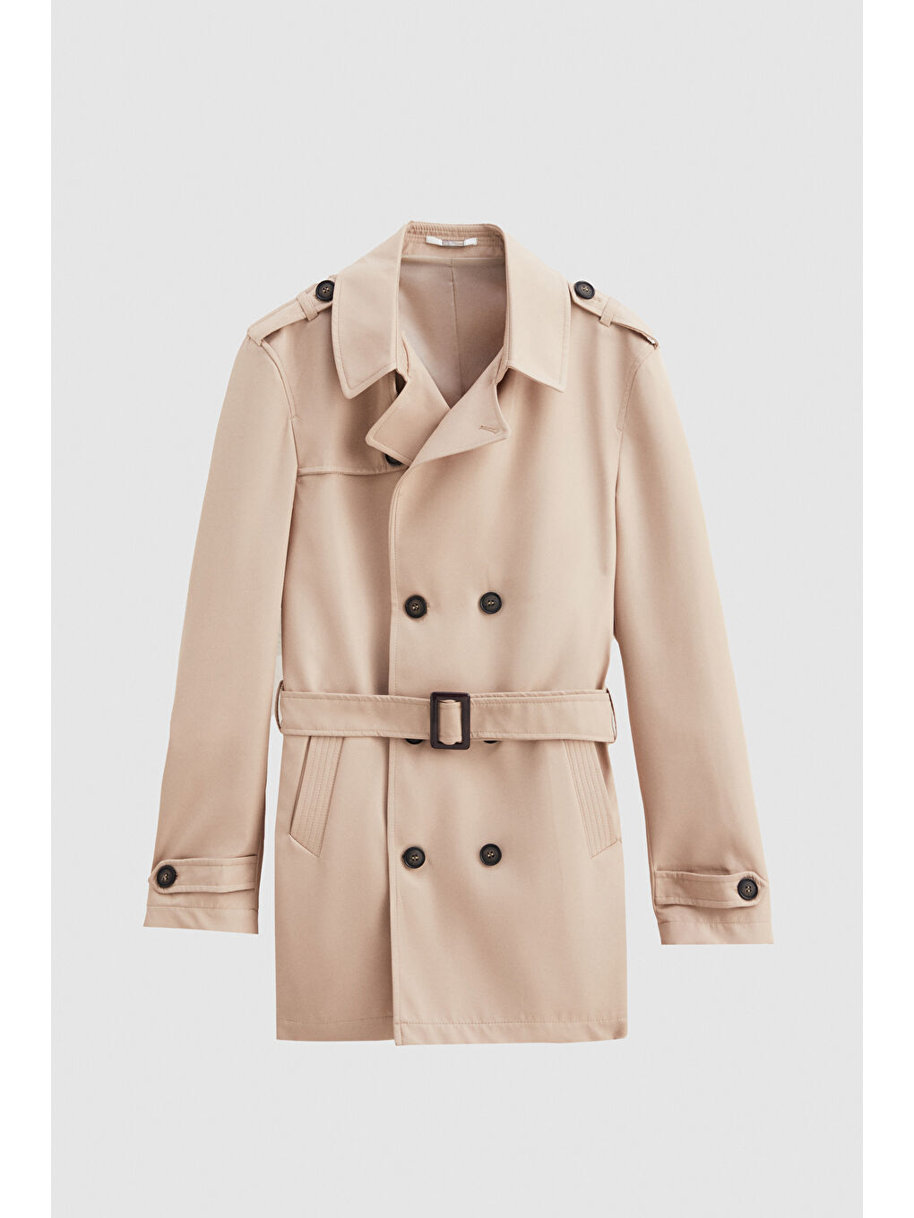Regular Fit Bej Apoletli Beli Kemerli Pardösü/Trenckot-4