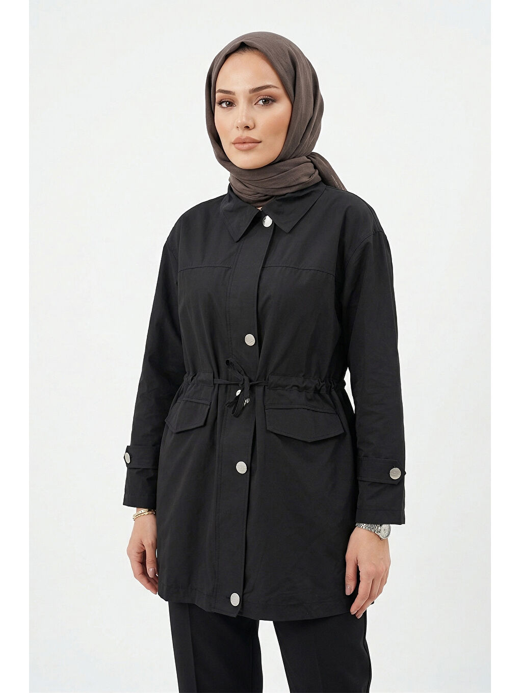 Düğme Detaylı Beli Bağcıklı Kap Ceket 2862 Siyah