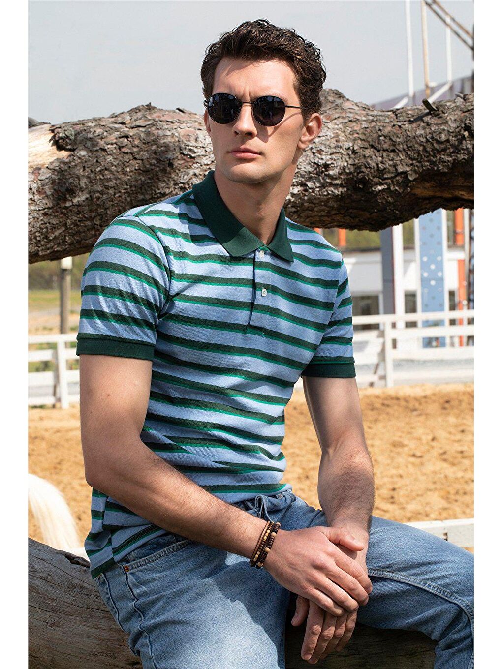 Erkek Slim Fit Dar Kesim %100 Pamuk Çizgili Pike Mavi Polo Yaka Tişört