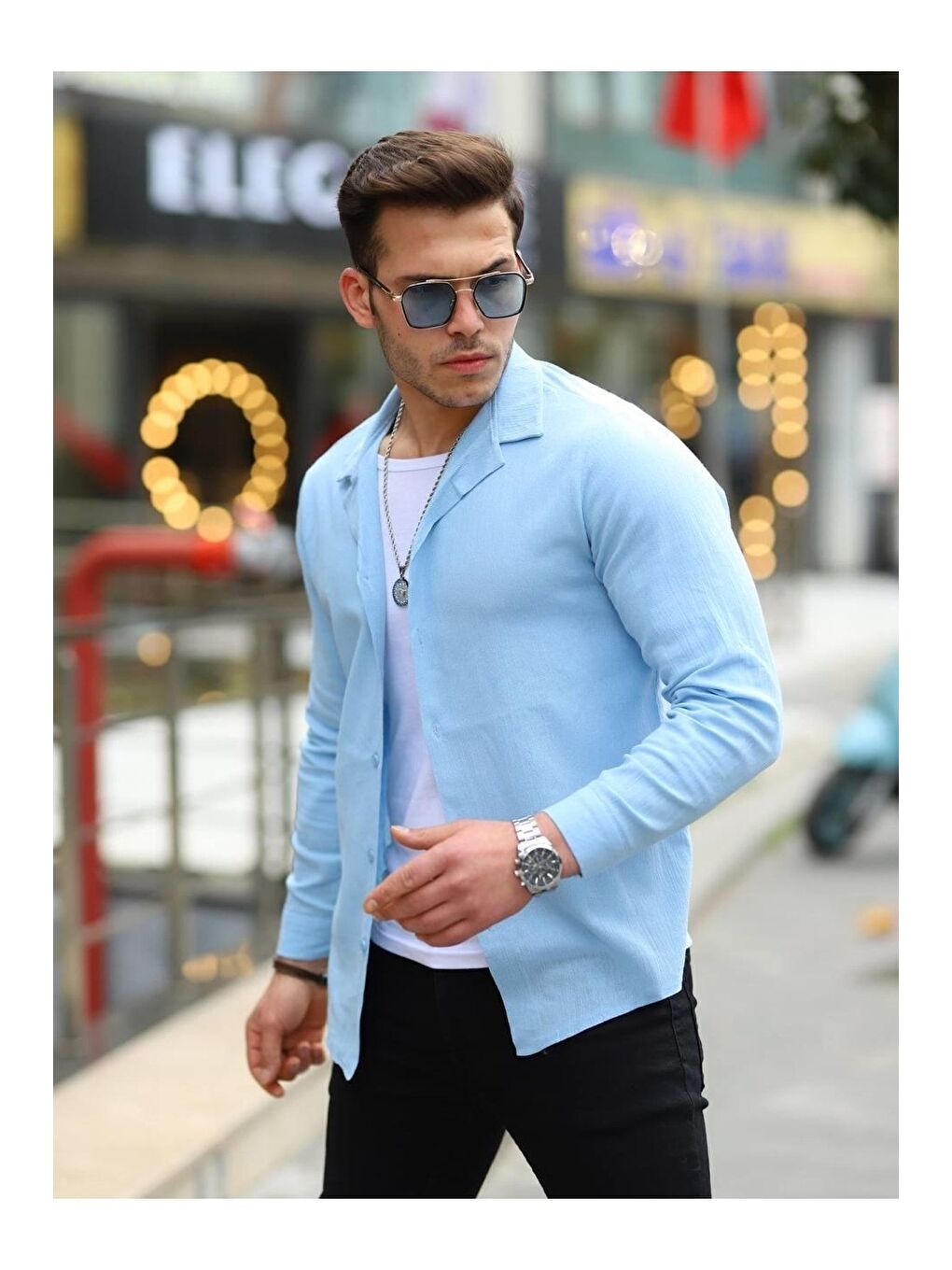 Erkek Trend Kruvaze Yaka Mavi Keten Gömlek-1
