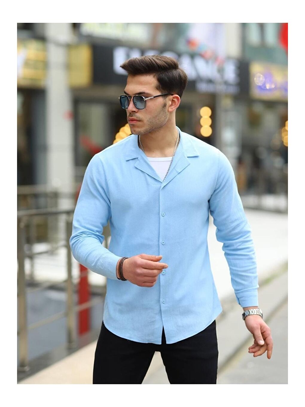 Erkek Trend Kruvaze Yaka Mavi Keten Gömlek-2