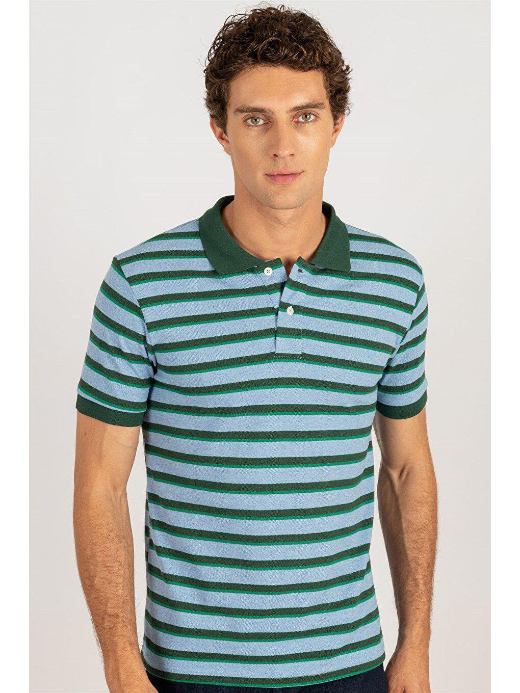 Erkek Slim Fit Dar Kesim %100 Pamuk Çizgili Pike Mavi Polo Yaka Tişört-1