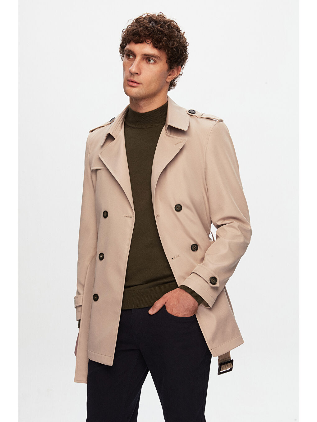 Regular Fit Bej Apoletli Beli Kemerli Pardösü/Trenckot-5