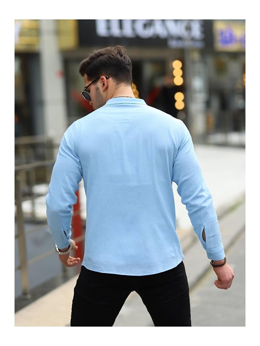 Erkek Trend Kruvaze Yaka Mavi Keten Gömlek-3