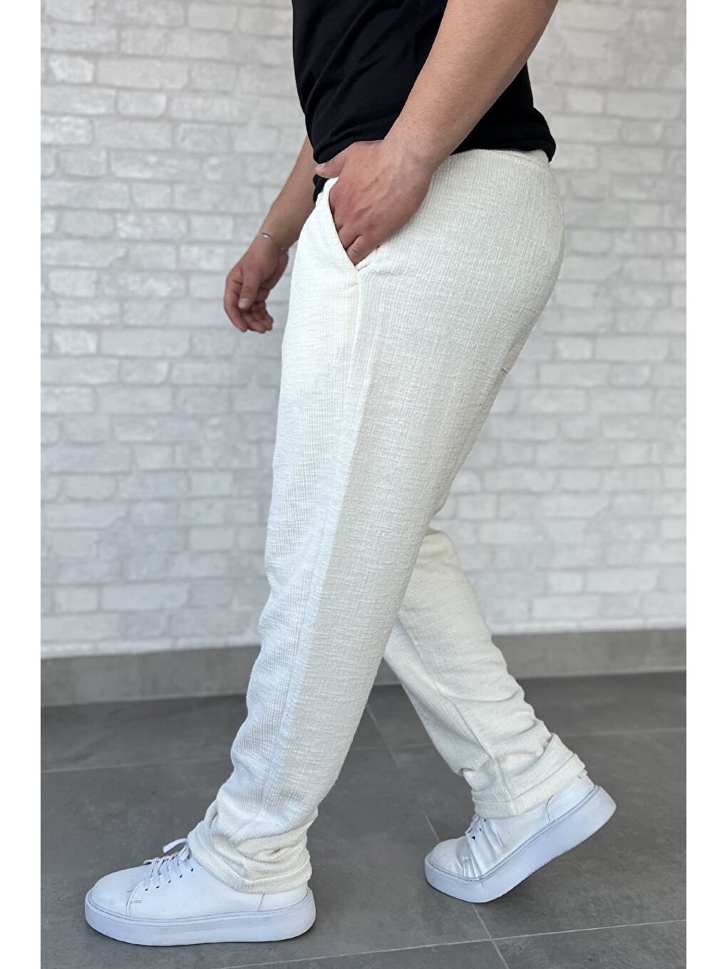 Ekru Bel Bağcıklı Duble Paça Erkek Jogger Pantolon-1