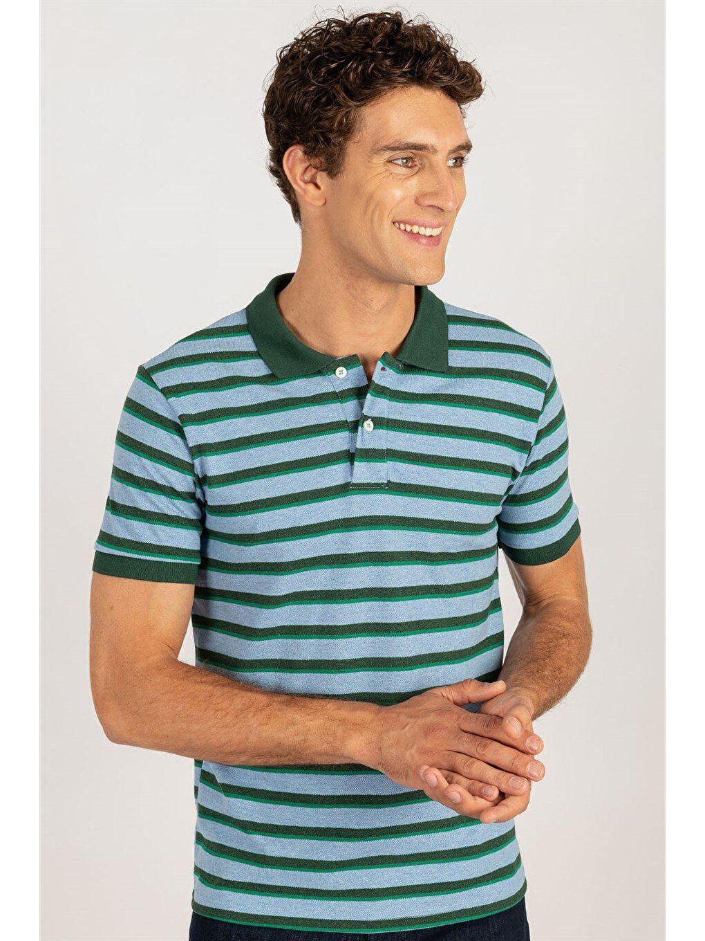 Erkek Slim Fit Dar Kesim %100 Pamuk Çizgili Pike Mavi Polo Yaka Tişört-2