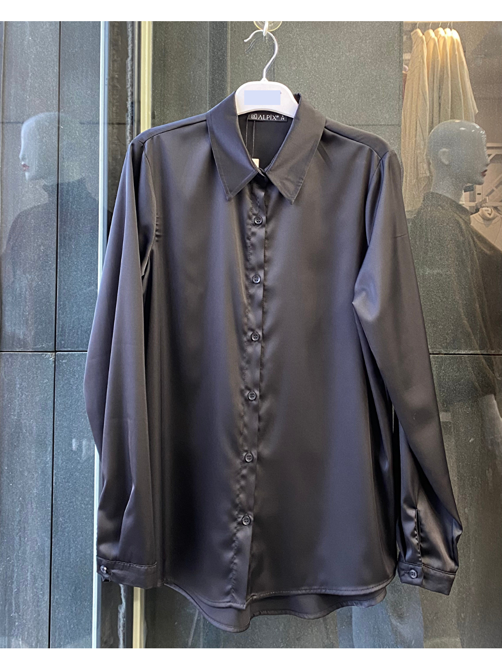 Siyah Büyük Beden İpek Saten Klasik Gömlek-5