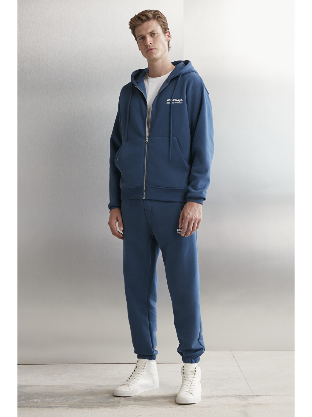 Aksel Erkek Yumuşacık Organik Pamuk Oversize Fermuarlı Baskılı Kapüşonlu Mavi Sweatshirt-3