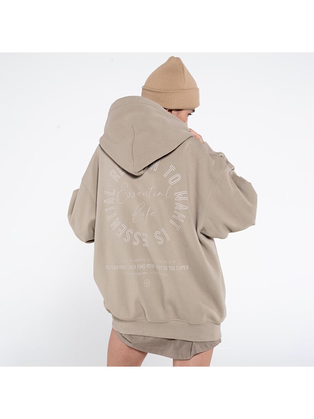 Disu Kadın Açık Bej Kanguru Cepli Kapüşonlu Ekstra Oversize Sweatshirt Hoodie-1