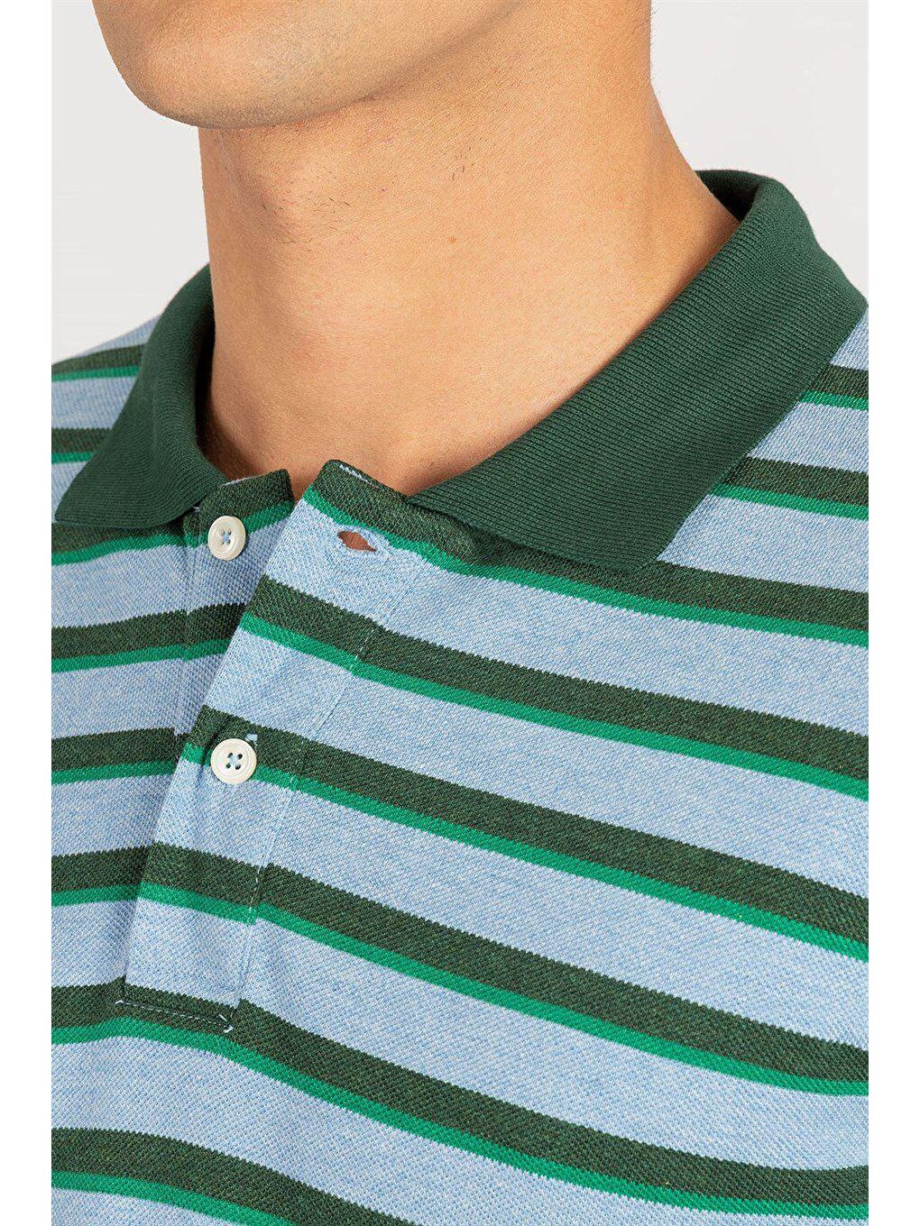 Erkek Slim Fit Dar Kesim %100 Pamuk Çizgili Pike Mavi Polo Yaka Tişört-3