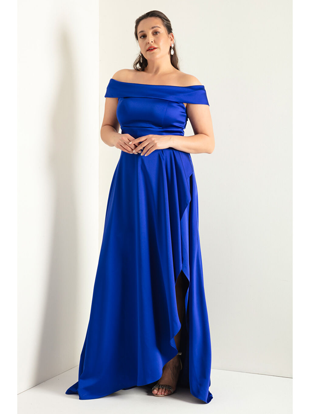 Mavi Kadın Saks Kayık Yaka Büyük Beden Saten Abiye & Mezuniyet Elbisesi-1