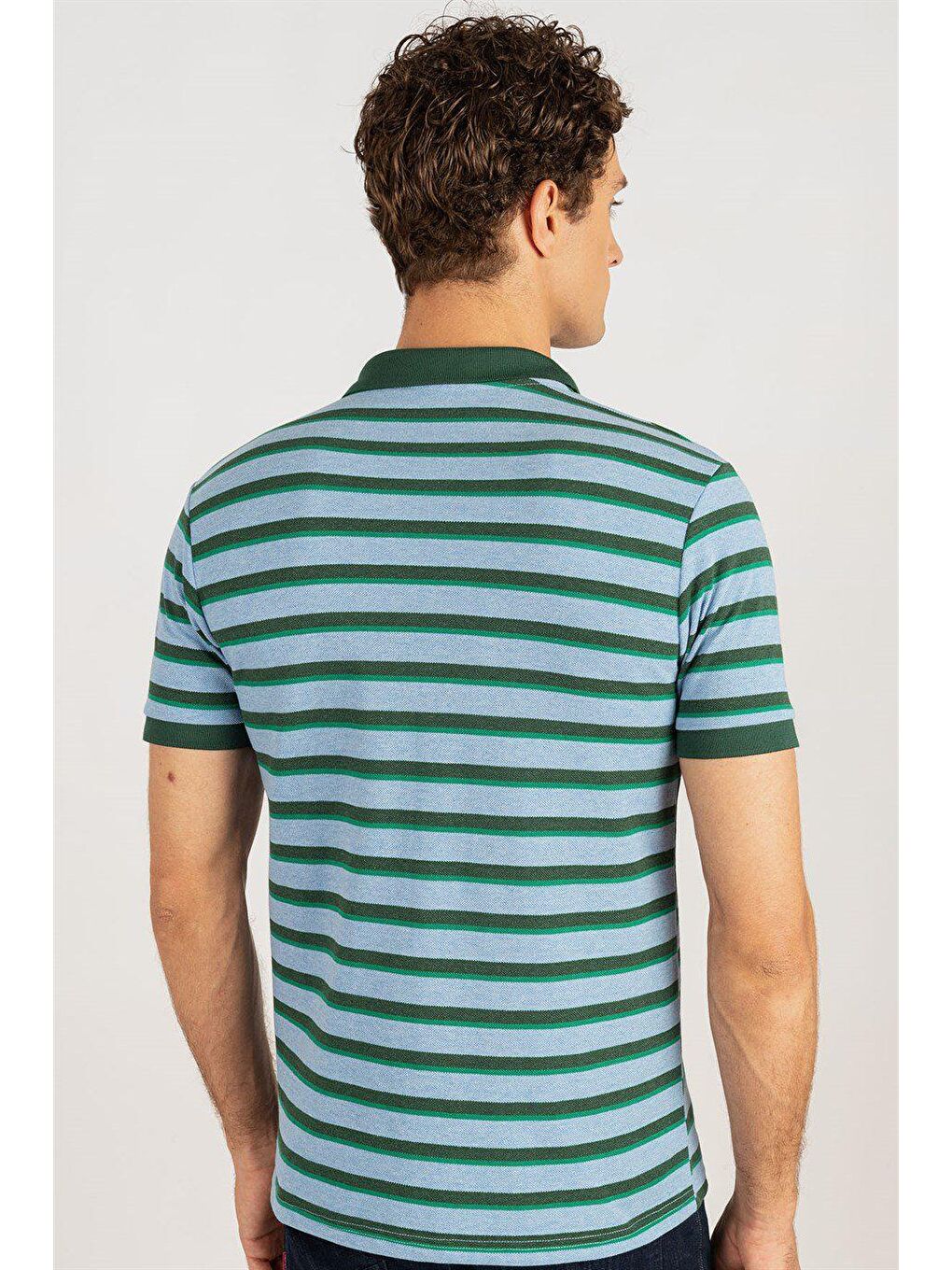 Erkek Slim Fit Dar Kesim %100 Pamuk Çizgili Pike Mavi Polo Yaka Tişört-4