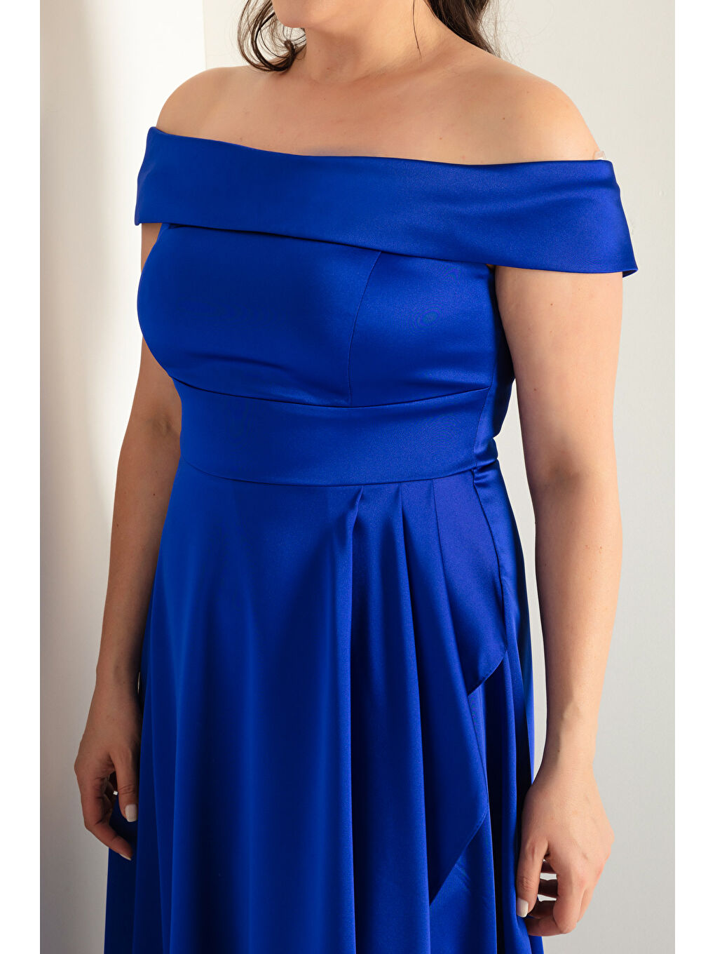 Mavi Kadın Saks Kayık Yaka Büyük Beden Saten Abiye & Mezuniyet Elbisesi-3