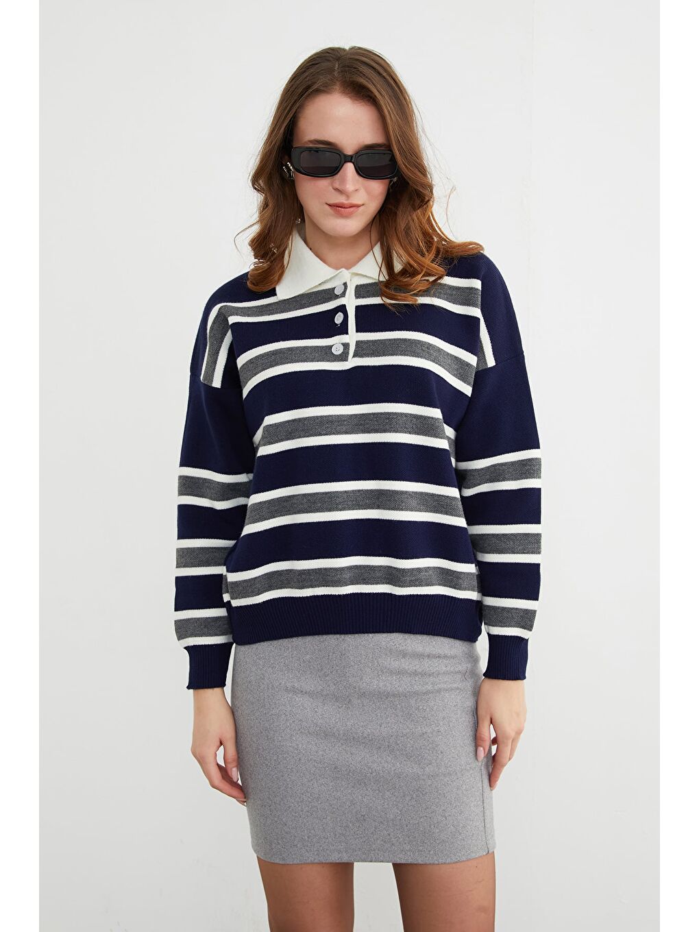 Lacivert Çizgili Yarım Düğmeli Polo Yaka Triko Kazak