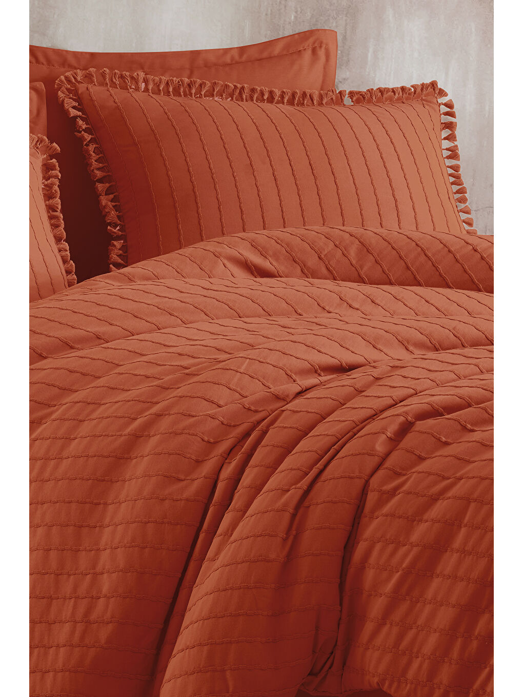 Kahverengi %100 Pamuk Tek Kişilik Püsküllü Nevresim Seti Estina Kiremit-2