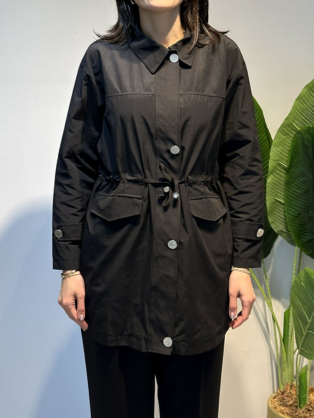 Düğme Detaylı Beli Bağcıklı Kap Ceket 2862 Siyah-1