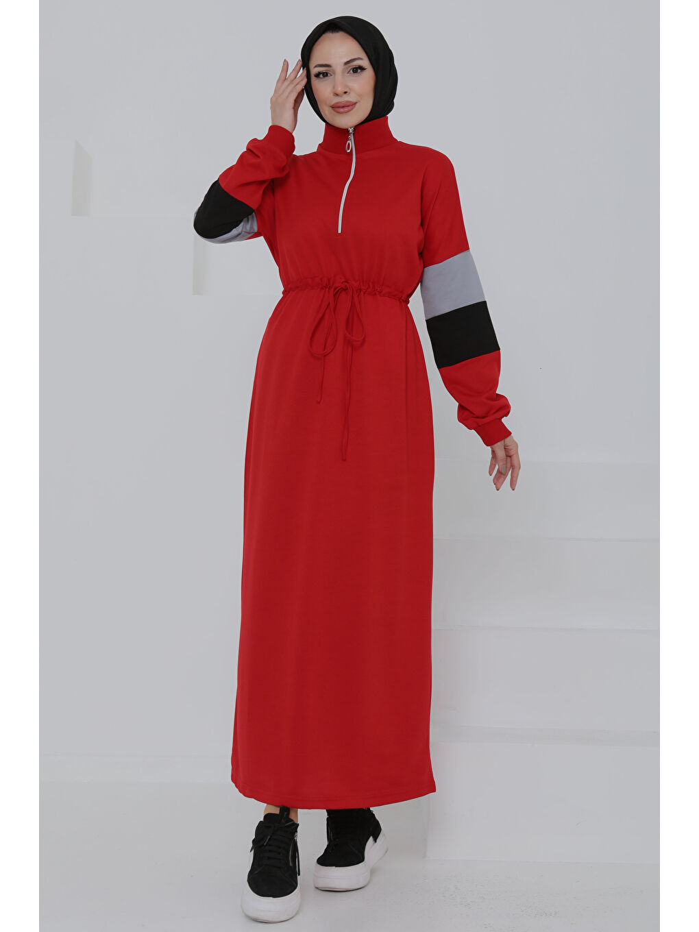 Kırmızı Garnili Fermuarlı Elbise Kirmizi - 27047