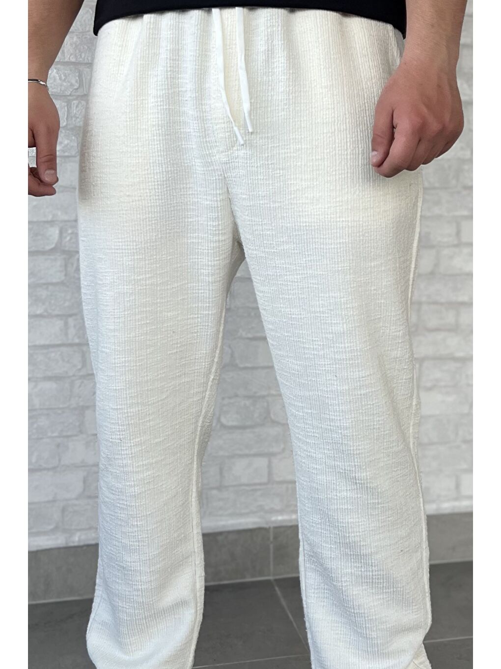 Ekru Bel Bağcıklı Duble Paça Erkek Jogger Pantolon-3