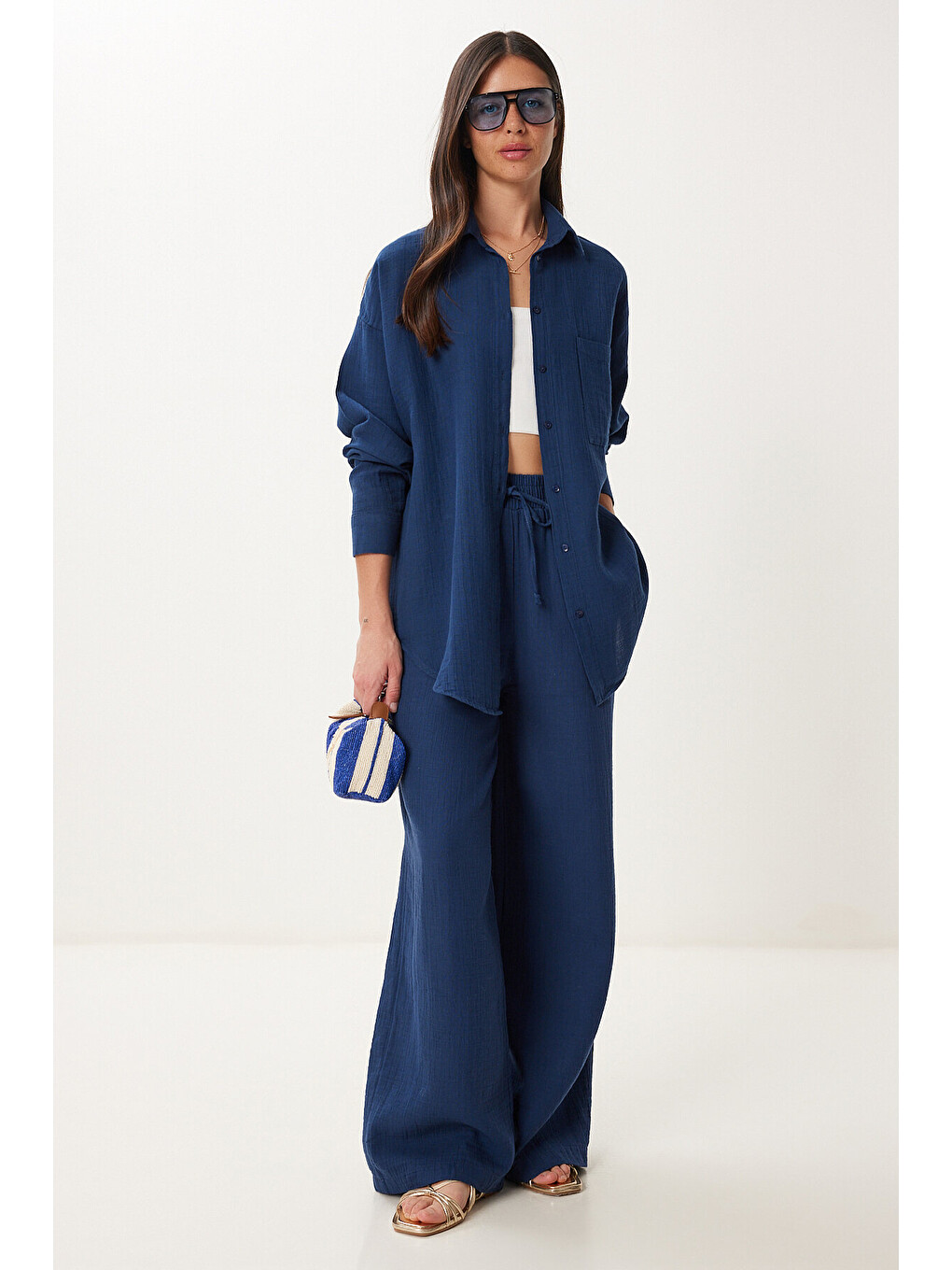 Lacivert Oversize Müslin Gömlek Pantolon Takım LACİVERT LSA0014-1