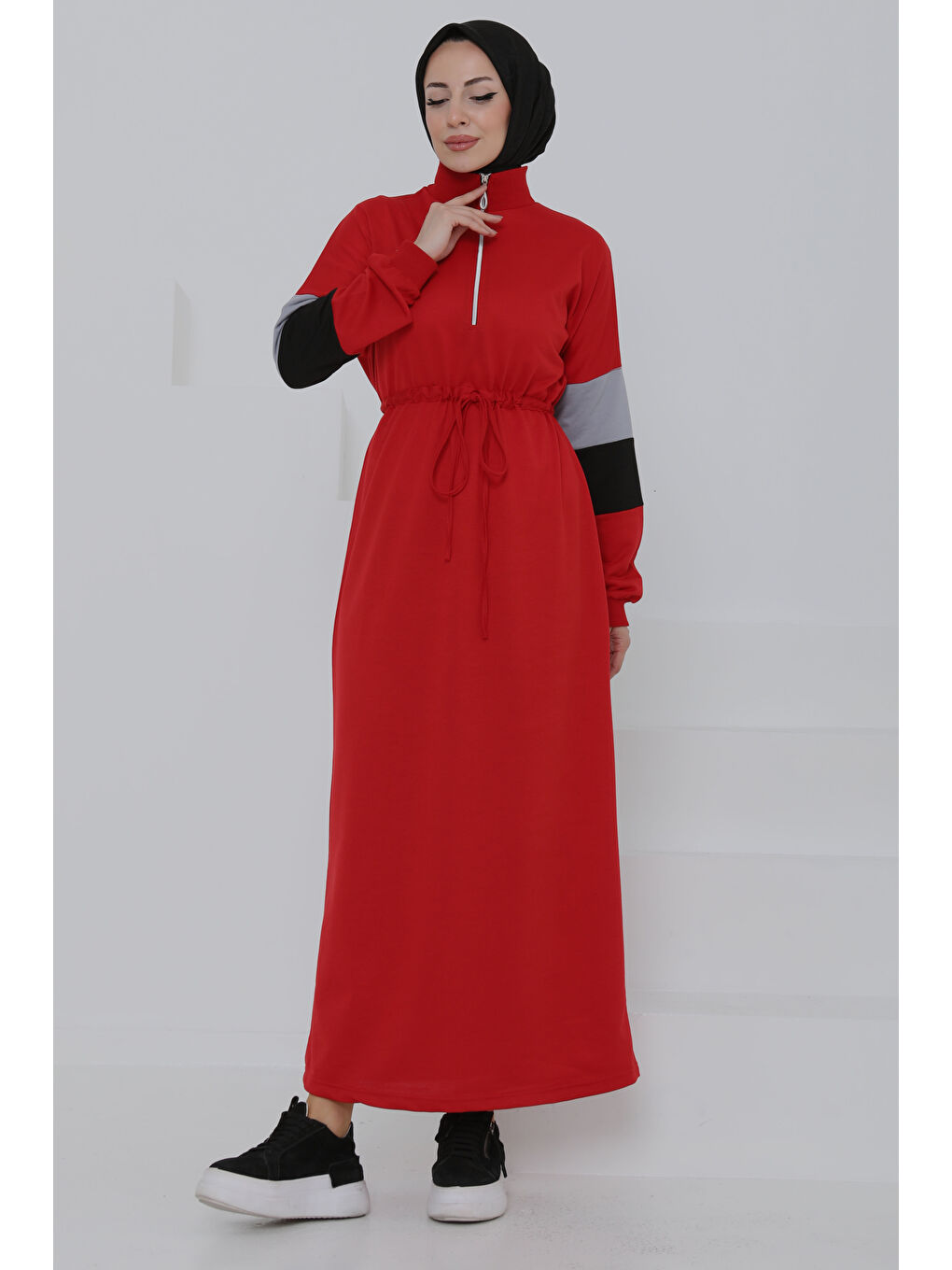 Kırmızı Garnili Fermuarlı Elbise Kirmizi - 27047-2