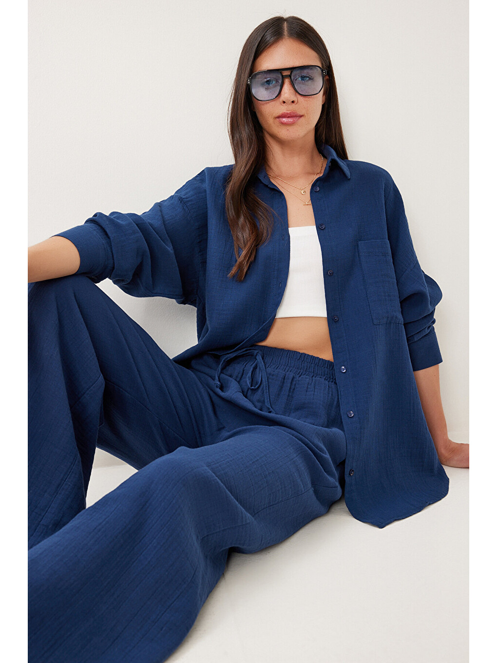 Lacivert Oversize Müslin Gömlek Pantolon Takım LACİVERT LSA0014-2