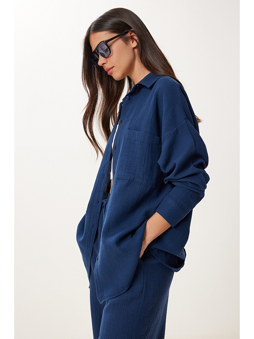 Lacivert Oversize Müslin Gömlek Pantolon Takım LACİVERT LSA0014-3