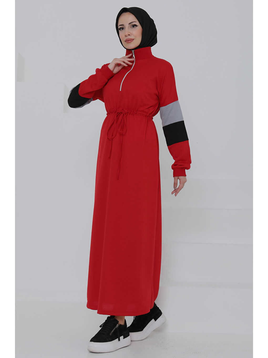 Kırmızı Garnili Fermuarlı Elbise Kirmizi - 27047-3