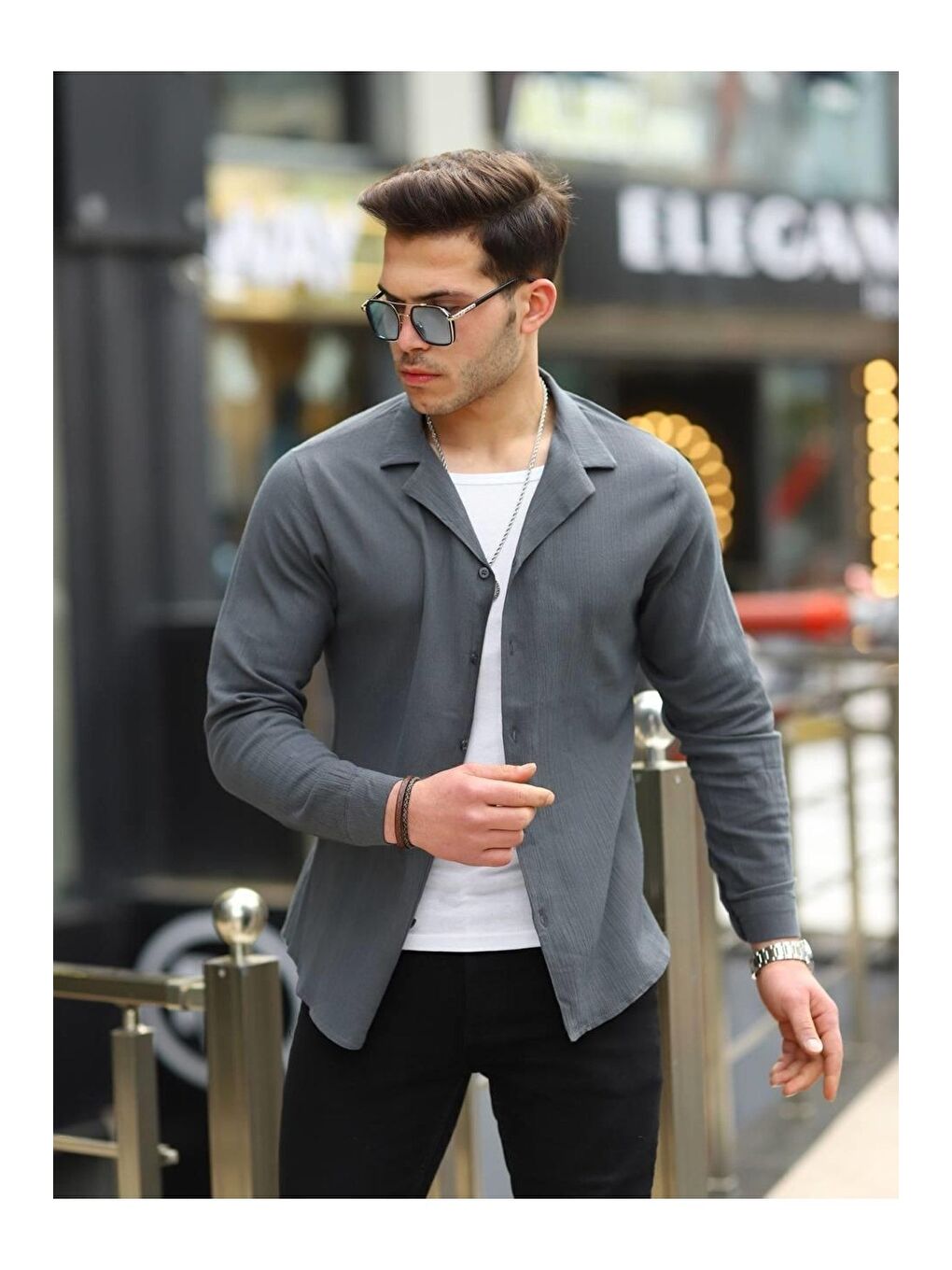 Gri Erkek Trend Kruvaze Yaka Füme Keten Gömlek-1