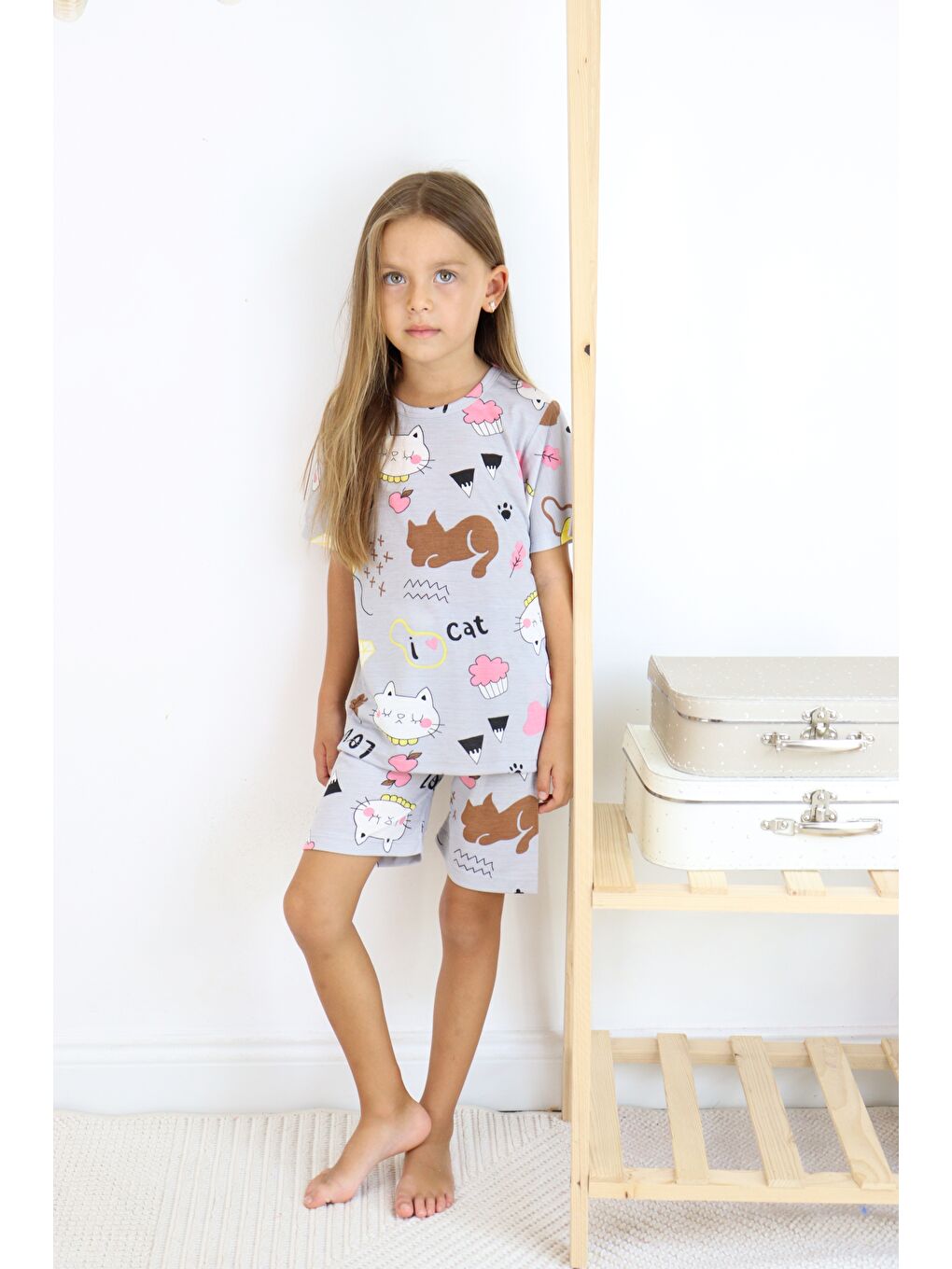 Kahverengi Kız Çocuk Pamuklu Penye Kumaş Şortlu Pijama Takımı